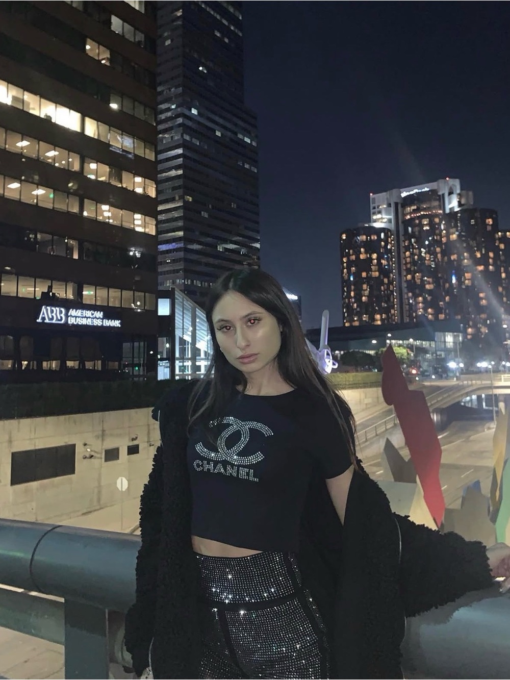 Black Crop Tee with Rhinestone Logo - Women's Top (Vintage Chanel)